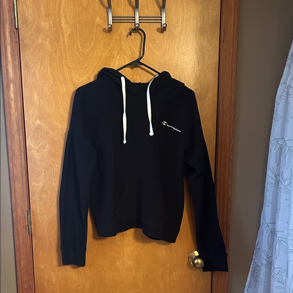 Champion Women's Black Hoodie with White Drawstrings